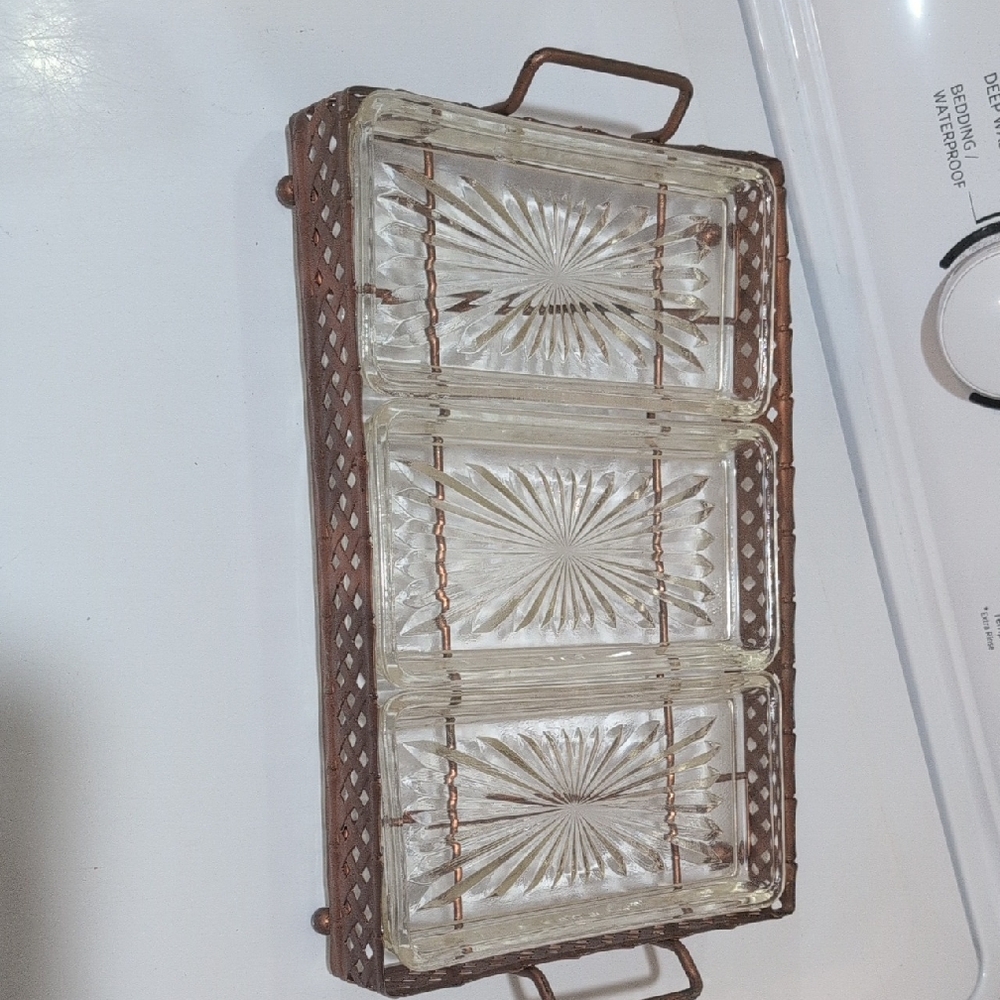 Vintage Glass Serving Tray with Metal Handles